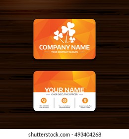 Business or visiting card template. Clovers with three leaves sign icon. Saint Patrick trefoil shamrock symbol. Phone, globe and pointer icons. Vector