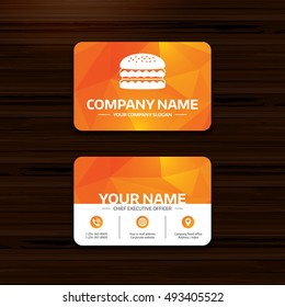 Business Or Visiting Card Template. Hamburger Icon. Burger Food Symbol. Cheeseburger Sandwich Sign. Phone, Globe And Pointer Icons. Vector