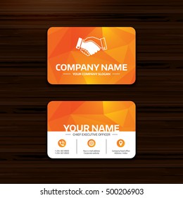 Business or visiting card template. Handshake sign icon. Successful business symbol. Phone, globe and pointer icons. Vector