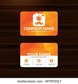 Business or visiting card template. Hipster photo camera with mustache sign icon. Retro camera symbol. Phone, globe and pointer icons. Vector