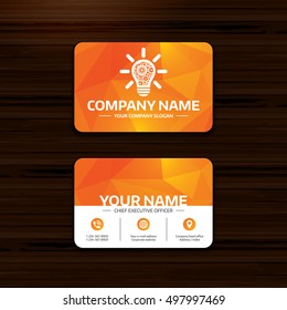 Business or visiting card template. Light lamp sign icon. Bulb with gears and cogs symbol. Idea symbol. Phone, globe and pointer icons. Vector