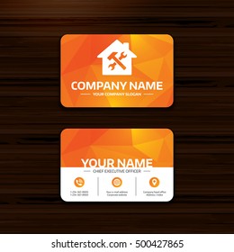 Business or visiting card template. Service house. Repair tool sign icon. Service symbol. Hammer with wrench. Phone, globe and pointer icons. Vector