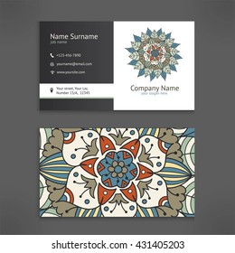 Business and visiting card template set with vintage floral mandala logo. Front and back pages oriental design. Vector illustration