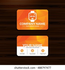 Business or visiting card template. Smart watch sign icon. Wrist digital watch. Wi-fi and battery energy symbol. Phone, globe and pointer icons. Vector