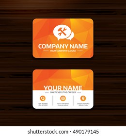 Business or visiting card template. Speech bubble repair tool sign icon. Service symbol. Hammer with wrench. Phone, globe and pointer icons. Vector