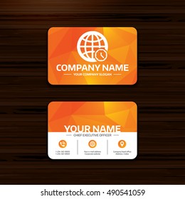 Business or visiting card template. World time sign icon. Universal time globe symbol. Phone, globe and pointer icons. Vector