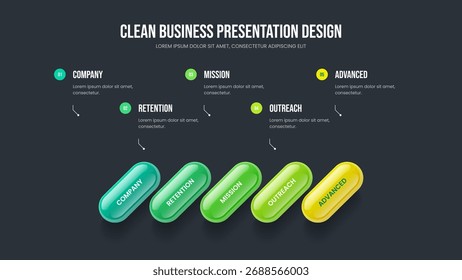 Visualización de negocios Plantilla de diapositivas de infografía de cinco pasos. Ilustración vectorial de diseño de presentación de crecimiento creativo. Project Insight 5 Element Diagram Slideshow Design.