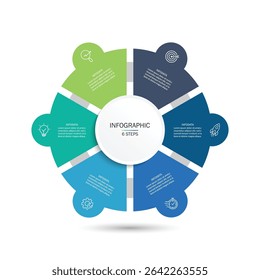 Plantilla de diseño de círculos de infografía de visualización de negocios con 6 opciones, pasos o procesos. Presentación de negocios