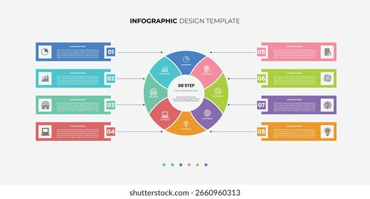 Plantilla de diseño de círculos de infografía de visualización de negocios con 4,5,6,7,8 opciones, pasos o procesos. Presentación de negocios.