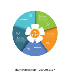 Modelo de design de círculo infográfico de visualização empresarial com 5 opções ou etapas com ícone. Apresentação comercial.  Pode ser usado para diagrama, layout de fluxo de trabalho, gráfico.