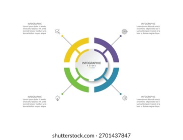 Infografik zur Gestaltung von Arbeitskreisen mit 4 Optionen, Schritten oder Prozessen. Geschäftspräsentation.