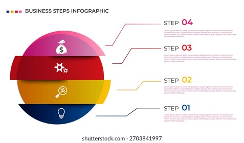 Plantilla de diseño de círculos de infografía de visualización de negocios con 4 opciones, pasos o procesos. Presentación de negocios. Vector