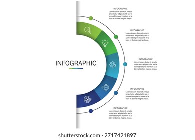 Modelo de design de círculo infográfico de visualização empresarial com 5 opções, etapas ou processos. Apresentação comercial.