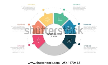 Business visualization infographic circle design template with 6 options, steps or processes. Business presentation. Vector illustration.