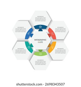 Modelo de design de hexágono de infográfico de visualização de negócios com 6 opções, etapas ou processos. Apresentação comercial.