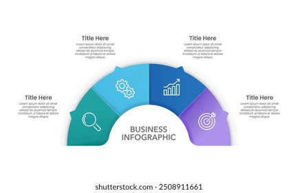 Plantilla de diseño de semicírculo de infografía de visualización de negocios con 4 opciones o pasos. Presentación de negocios, informe, Anuncio y planificación. Ilustración vectorial.