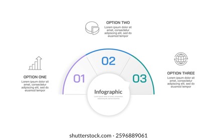 Business visualization infographic semi circle design template with 3 options or steps. Presentation, Report, Banner, and Plan. Vector illustration.
