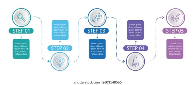 Business Visualization Timeline Infographic With Unique Steps And Icons On Isolated Background