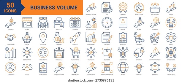 Business Volume colored line icon collection set. Containing sales, revenue, new product, tax, reward, money flow, contract, profit, turnover, store, meeting, business skills, capital, startup icons
