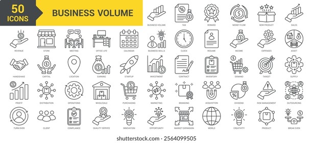 Business Volume icon collection set. Containing tax, reward, money flow, new product, sales, revenue, deal, profit, turnover, store, meeting, office life, business skills icon. Simple line vector