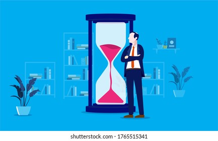 Business waiting - Businessman standing with folded arms in office waiting by hourglass while time is running out. Deadline and wasting time concept. Vector illustration.