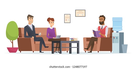 Business waiting room. People at office lobby modern interior sitting tea break reception vector characters