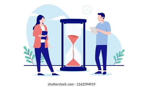Business Waiting - Two People With Hour Glass Standing In Patience Watching As Time Goes By. Flat Design Vector Illustration With White Background