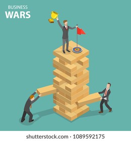 Business war flat isometric vector concept. Two businessmen are trying to drop down a third one from the tower top.
