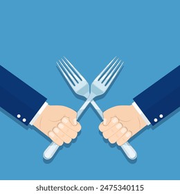 Business war, struggle, competition concept. Solution of conflict fight with forks. Man holding a fork in his hand. vector illustration in flat style.