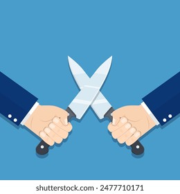 Guerra de negocios, lucha, concepto de competencia. Solución de conflicto lucha con cuchillos. Hombre con un cuchillo en la mano. Ilustración vectorial en estilo plano.