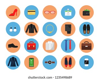 Business wardrobe icons. Office style clothes for male and female work casual fashion skirt suit jacket hat bag vector colored symbols