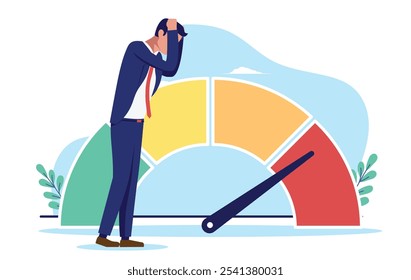 Alerta de alto risco - Triste empresário, investidor ou gerente com medo olhando para o indicador da empresa mostrando economia de risco e crise de emergência financeira. Gráfico de ilustração de design plano