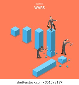 Business wars isometric flat vector concept. Man is jumping up on the financial graph columns but two other men impede him to do it by breaking columns.