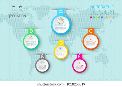Business water drop labels shape infographic on world map.