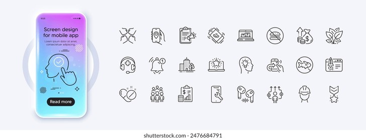 Business way, Inflation and Foreman line icons for web app. Phone mockup gradient screen. Pack of Medical support, Group people, Squad pictogram icons. Vector