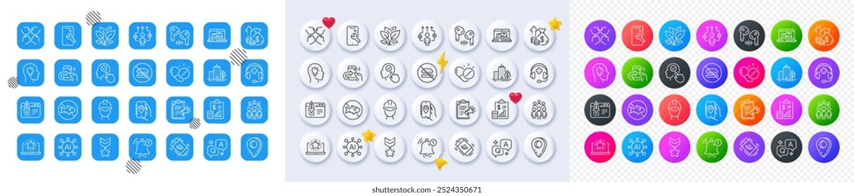 Business way, Inflation and Foreman line icons. Square, Gradient, Pin 3d buttons. AI, QA and map pin icons. Pack of Medical support, Group people, Squad icon. Vector