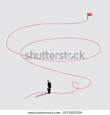 Business way or path or business strategy conceptual illustration with businessman silhouette and thin red line path to the flag as goal or aim. Minimalist vector illustration