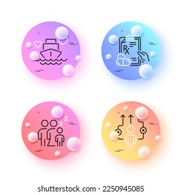 Business way, Prescription drugs and Honeymoon cruise minimal line icons. 3d spheres or balls buttons. Sleep icons. For web, application, printing. Correct path, Pills, Romantic cruiser. Vector