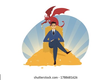 Business, Wealth, Religion, Christianity, Success, Temptation, Evil, Devil Concept. Young Businessman Clerk Manager Sitting On Golden Coin Throne With Laughing Demon. Satan Support Goal Achievement.