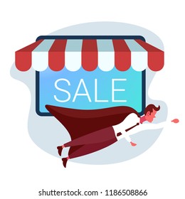 business wearing super hero cape hurry up online shopping big sale concept smartphone screen mobile market application businessman customer male cartoon character full length vector illustration
