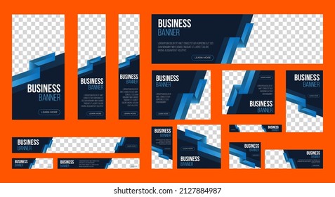 Business Web banner ad set template. Black and blue. Editable shapes. vertical, horizontal, square with standard size website ad. 