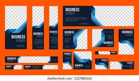 Business Web banner ad set template. Black and blue. Editable shapes. vertical, horizontal, square with standard size website ad. 