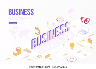 Business web banner concept. Creative design template with Isometric objects and three dimensional text with world map. Idea, Internet, sale, business, finance and more. Flat vector illustration EPS10