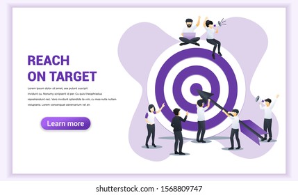 Business web banner concept design. People working together holding a big dart. Reach the target business, Hit the target, goal achievement, leadership, partnership. Flat vector illustration