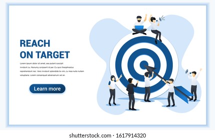 Business web banner concept design. People working together holding a big dart. Reach the target business, Hit the target, goal achievement, leadership, partnership. Flat vector illustration