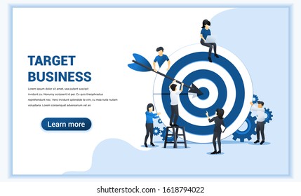 Business web banner concept design. People put darts on the dartboard. target with an arrow, hit the target, goal achievement. Vector illustration