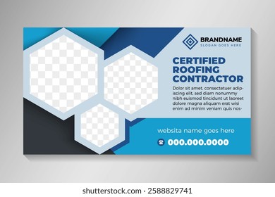 Business web banner horizontal banner template design. Modern banners design with blue background. horizontal layout with example of headine certified roofing contractor. hexagon photo space