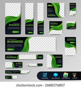 Design de modelo de conjunto de banner da Web comercial com tamanhos de formato diferentes. Preto e verde. vetor