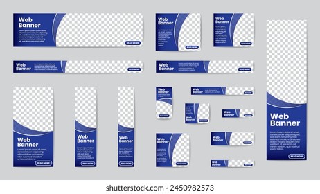 Anuncio de Web de negocios tamaño estándar en Horizontal y Vertical rectángulo cuadrado conjunto de Plantilla para el Diseño web. Encabezado de Formas de curva geométrica azul degradado transparente con lugar de Fotos. VECTOR EPS10.