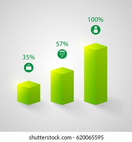 Business web chart infographic template with 3d green columns three steps icons and percentage isolated vector illustration
